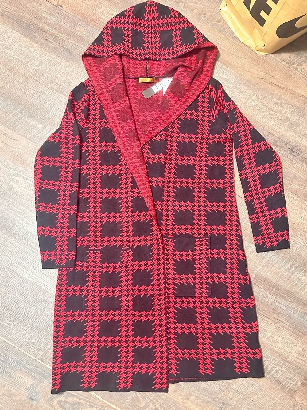 Girls' Red & Black Hooded Check Knit Coat